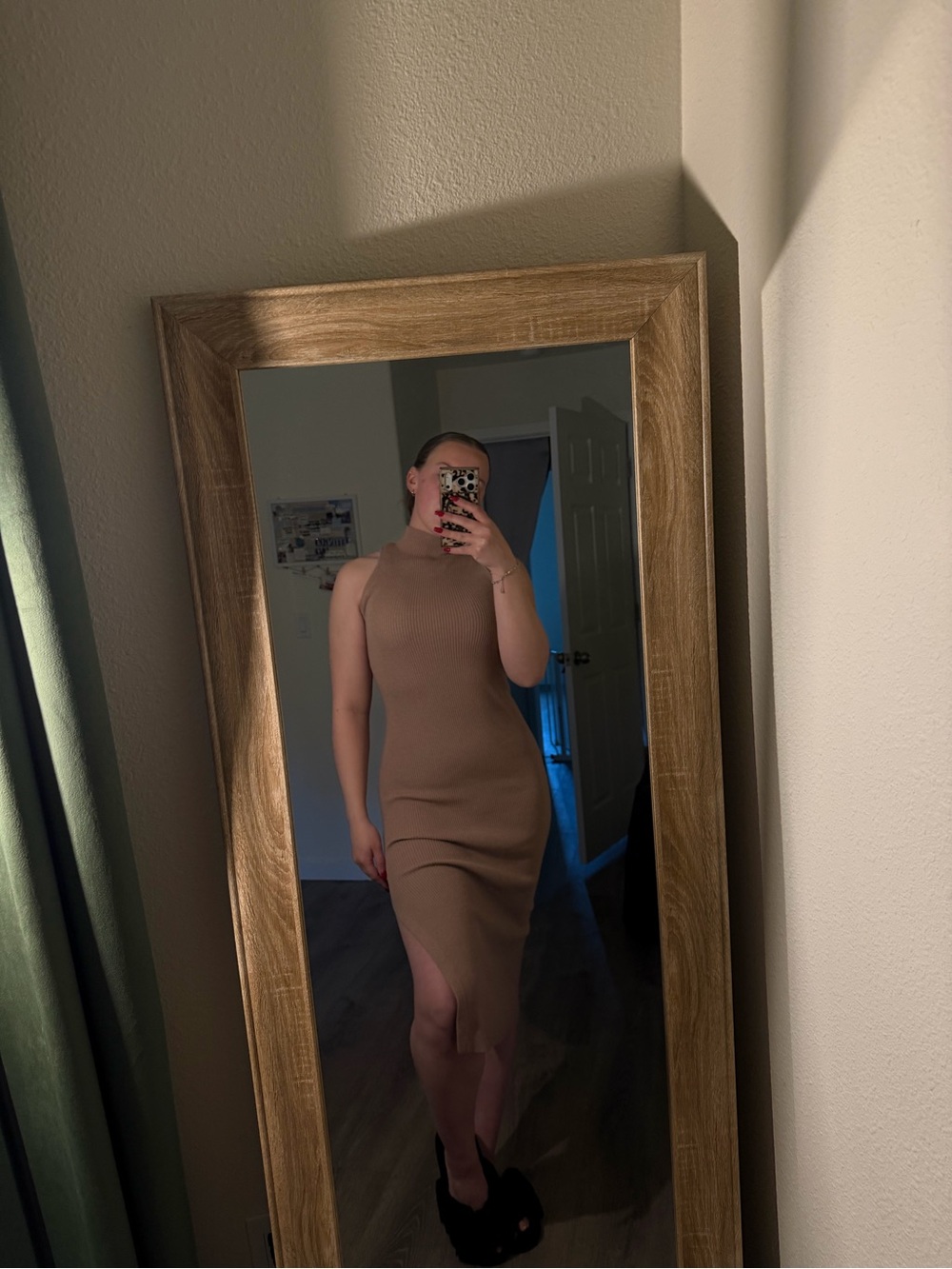 JustFab Sleeveless Ribbed Midi Dress in Tan